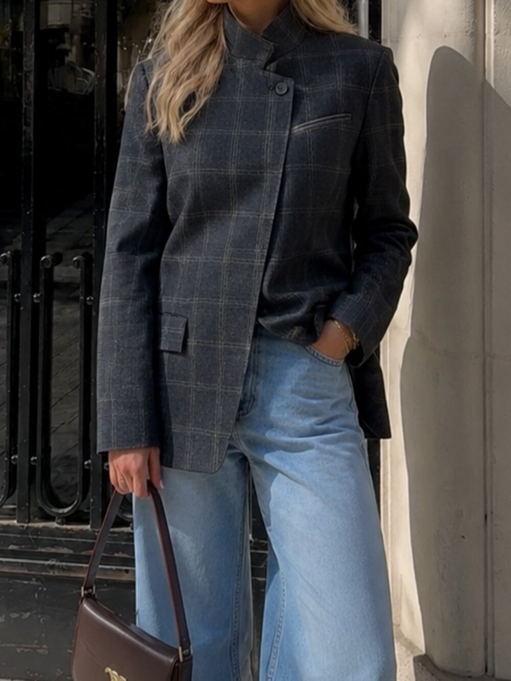 Royal Blue Plaid Women's Button Funnel Neck Regular Fit Blazer Jacket